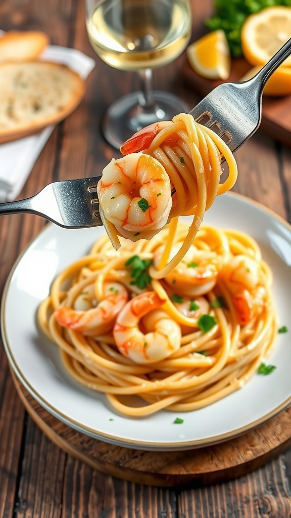 Plate of garlic butter shrimp pasta with shrimp, parsley, and a side of garlic bread.